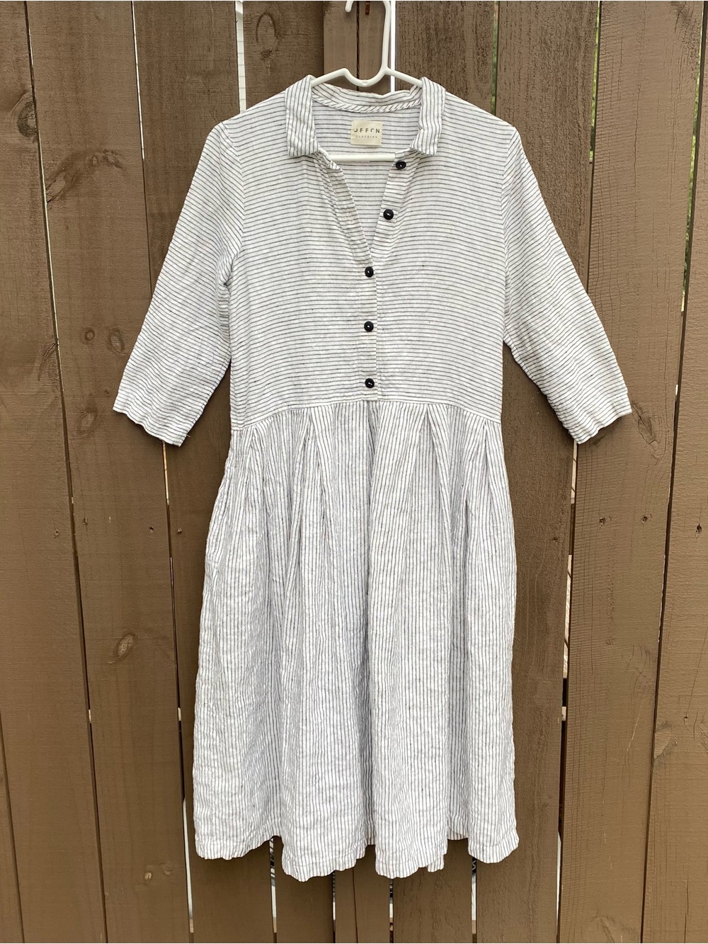 OffOn Linen Pleated Skirt Shirt Dress with pockets black/white stripe Lagenlook